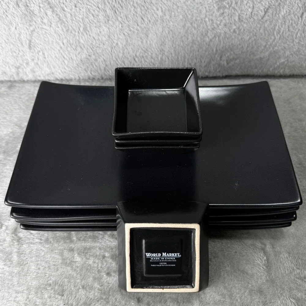 World Market Sushi Matte Black Ceramic Rectangular Plates Set 4 Dipping Bowls